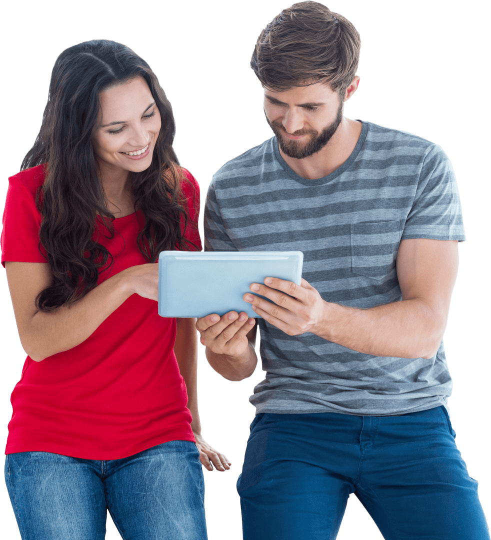 Happy Caucasian Couple Engaging with Digital Tablet on Transparent Background