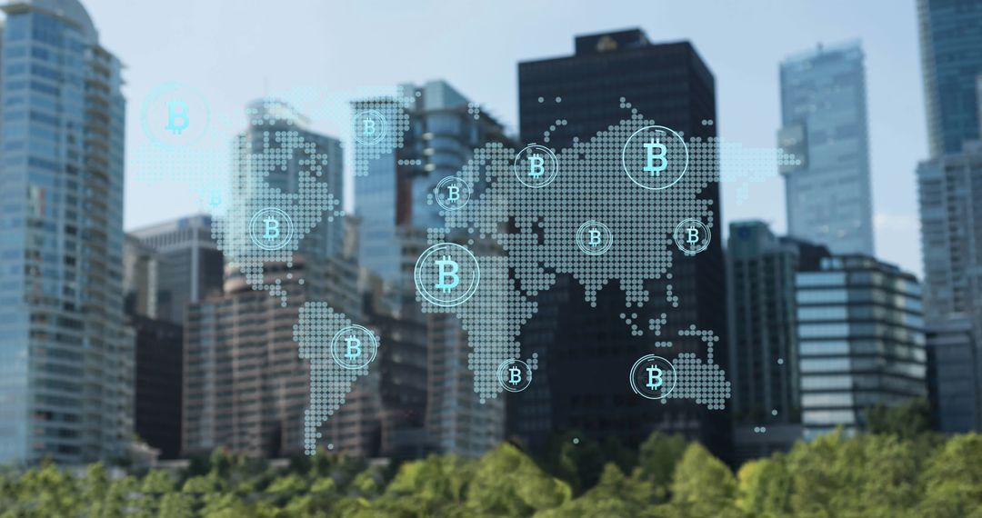 Bitcoin Network and World Map Concept Overlay Towering City Skyline