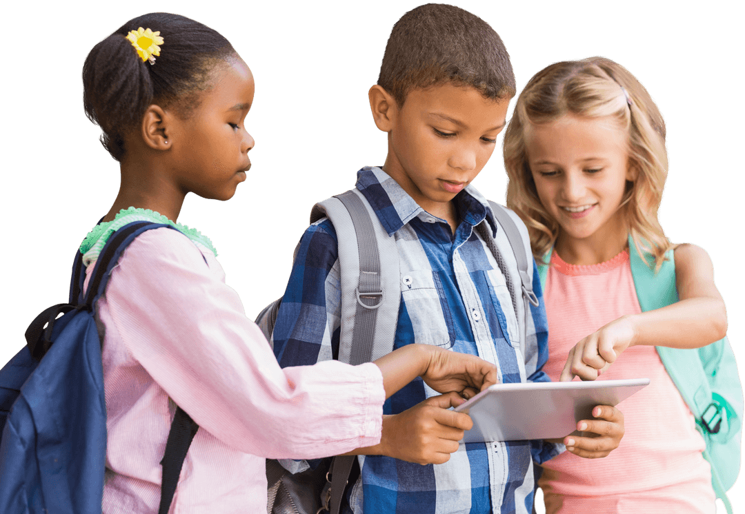 Diverse Students Exploring Digital Tablet for Learning in Transparent Background