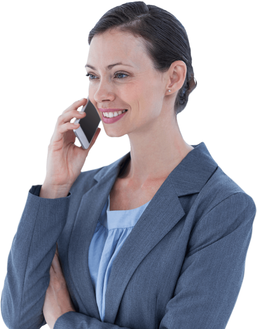 Transparent Woman Smiling and Talking on Smartphone