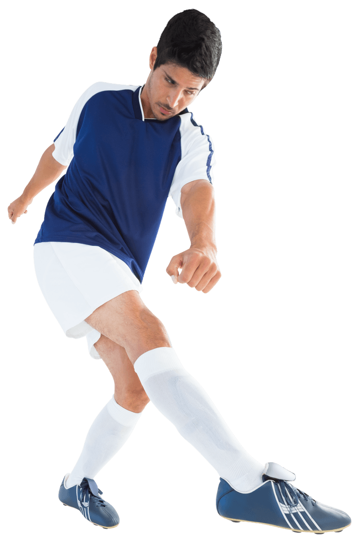 Caucasian Soccer Player Kicking Ball on Transparent Background