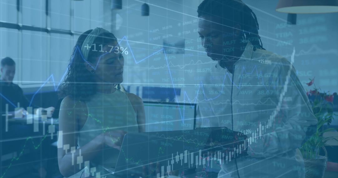 Team Analyzing Financial Data with Chart Overlay in Modern Office