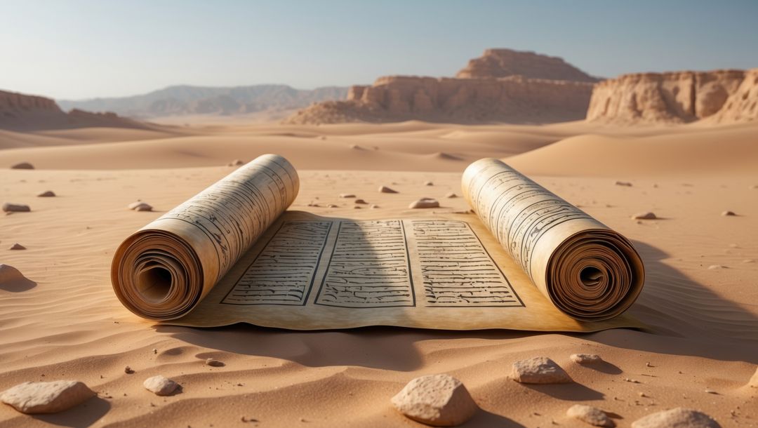 Ancient parchment scroll unfolds in desert landscape, exodus concept
