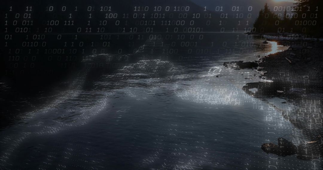 Binary Code Over Lake Reflecting Scenic Sunset