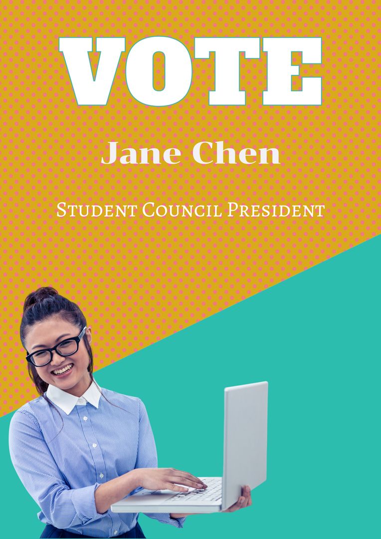 Smiling Woman Using Laptop for Student Council Campaign Poster - Download Free Stock Templates Pikwizard.com