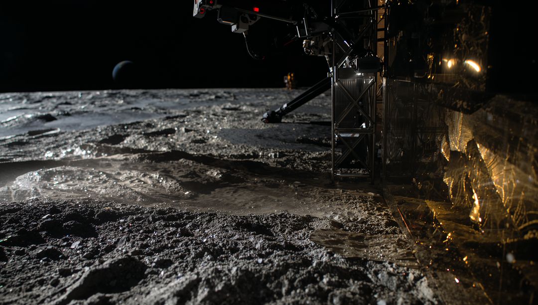Lunar lander leg reflecting gold foil on regolith with distant Earth on horizon