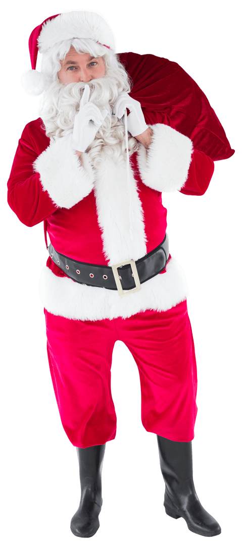 Transparent Santa Claus Holding Sack Signaling Secret Gesture