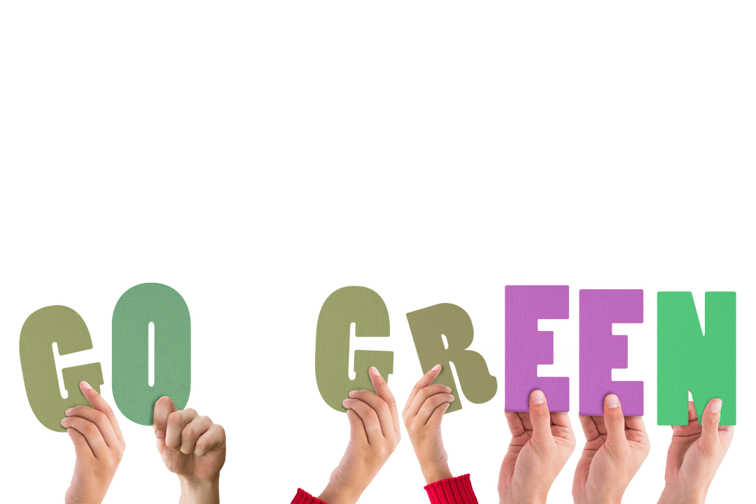 Hands Raising Colorful Words Encouraging Eco-Friendly Lifestyle