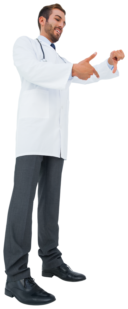 Happy Caucasian Male Doctor Holding Virtual Device on Transparent Background - Download Free Stock Images Pikwizard.com