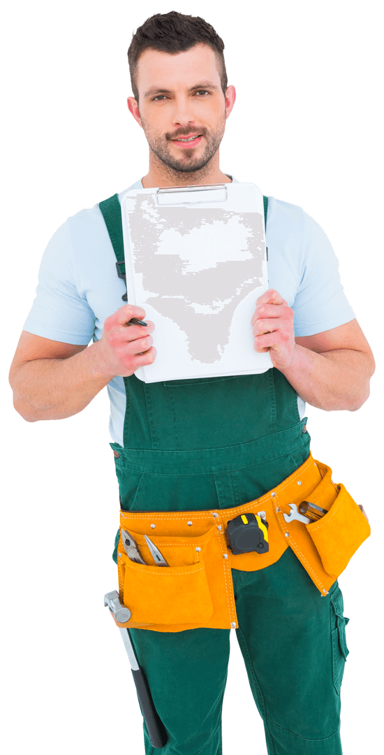 Smiling Caucasian Worker with Tools Holding Clipboard on Transparent Background
