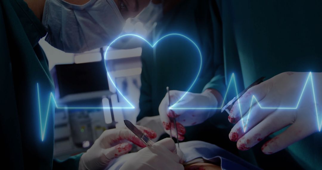 Surgeons Focusing on Heart Surgery with Cardiograph Overlay