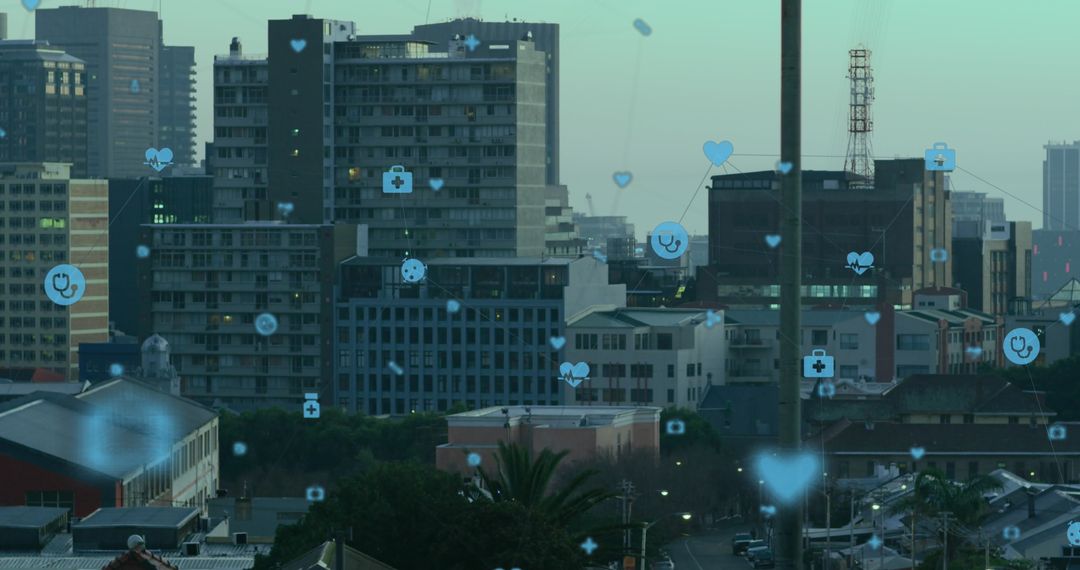 Digital connection overlay on cityscape illustrating data processing