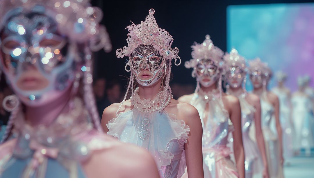Elegantly Masked Models in Iridescent Couture on Runway