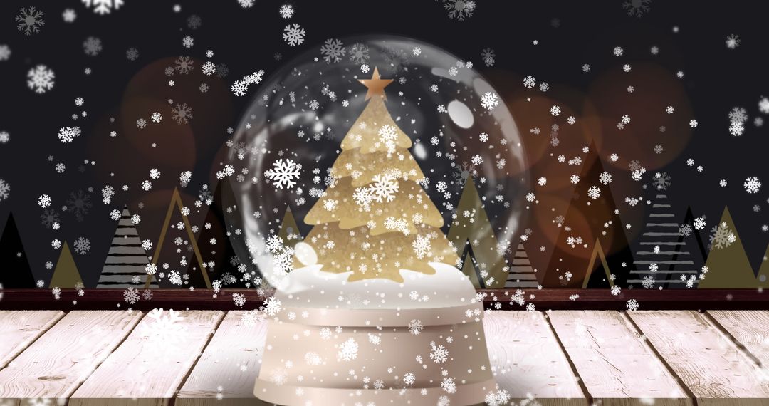 Golden Christmas Tree Snow Globe Surrounded by Falling Snowflakes
