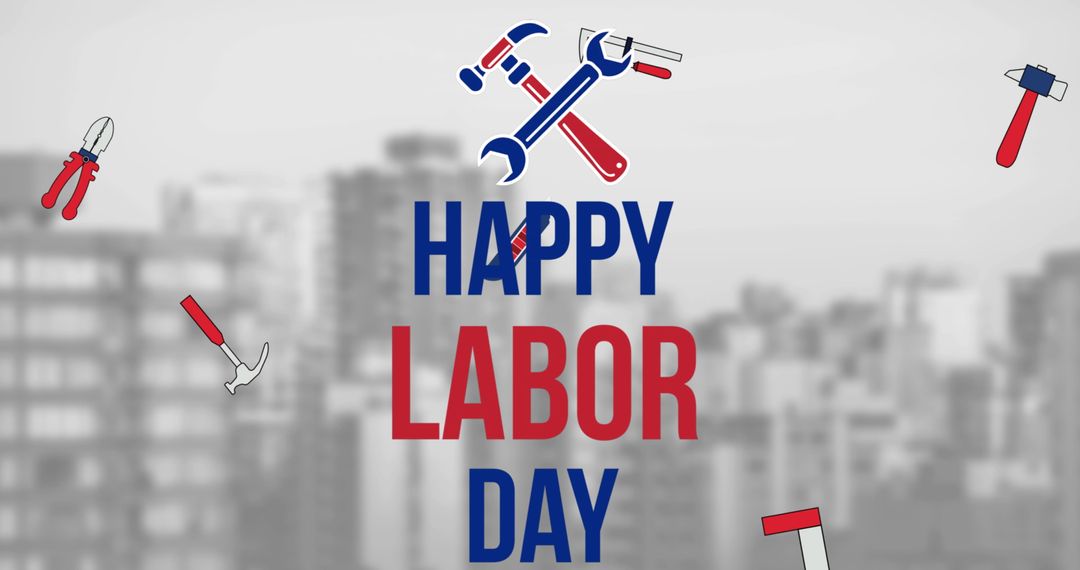 Labor Day Celebration with Cityscape and Tools Graphic