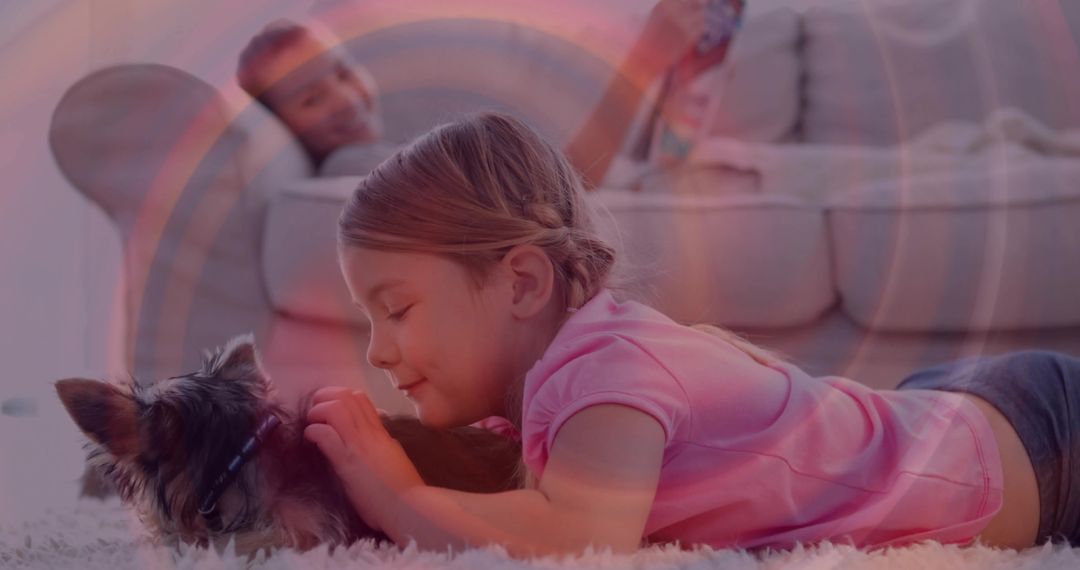 Child Relaxing with Pet While Mother Reads on Sofa in Cozy Living Room