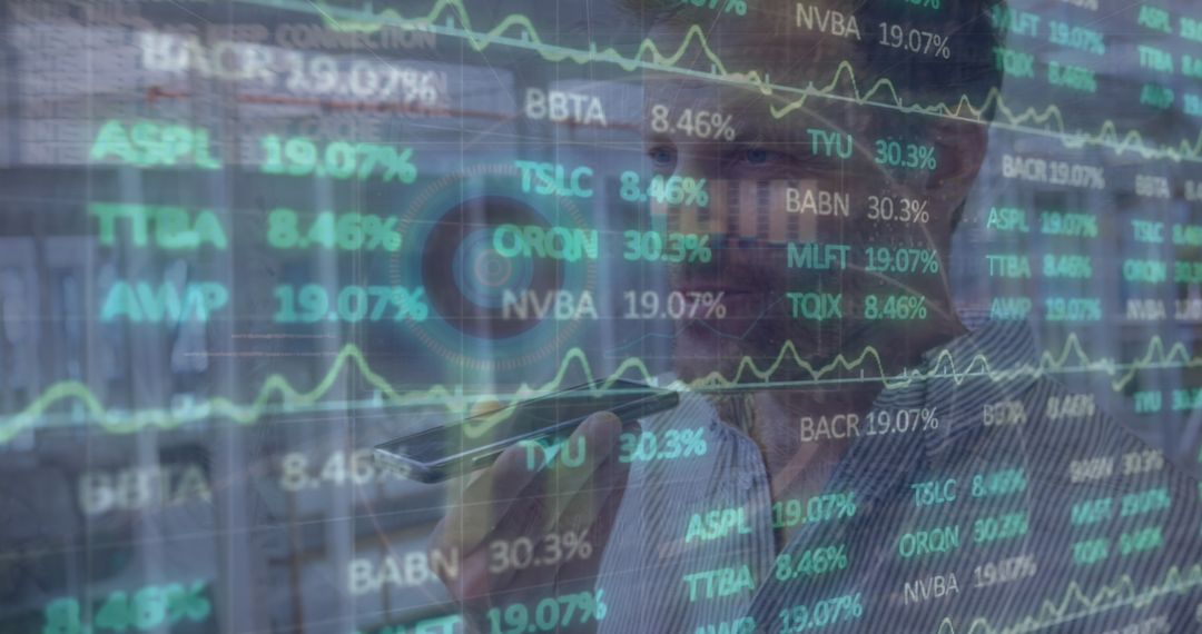 Businessman Analysing Stock Market with Smartphone and Tech Display