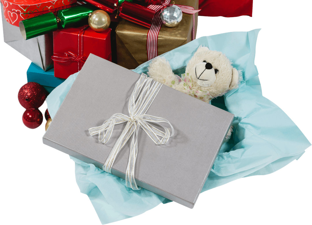 Festive Gift Boxes with Soft Toy and Seasonal Ornaments Transparent Background