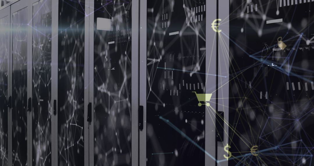 Digital Interface and Server Room with Global Business Icons