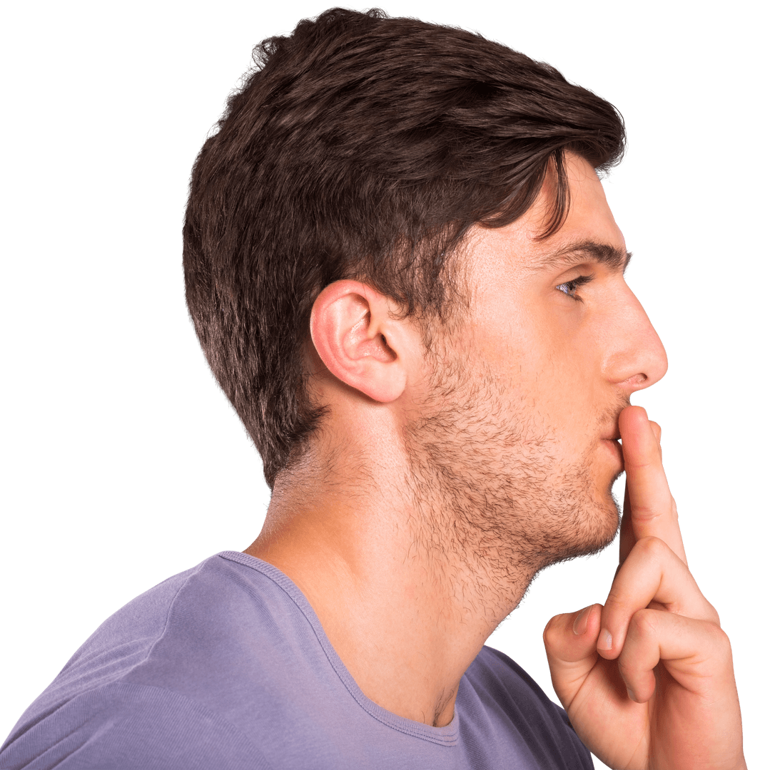 Young Man with Finger on Lips Silencing Gesture on Transparent Background