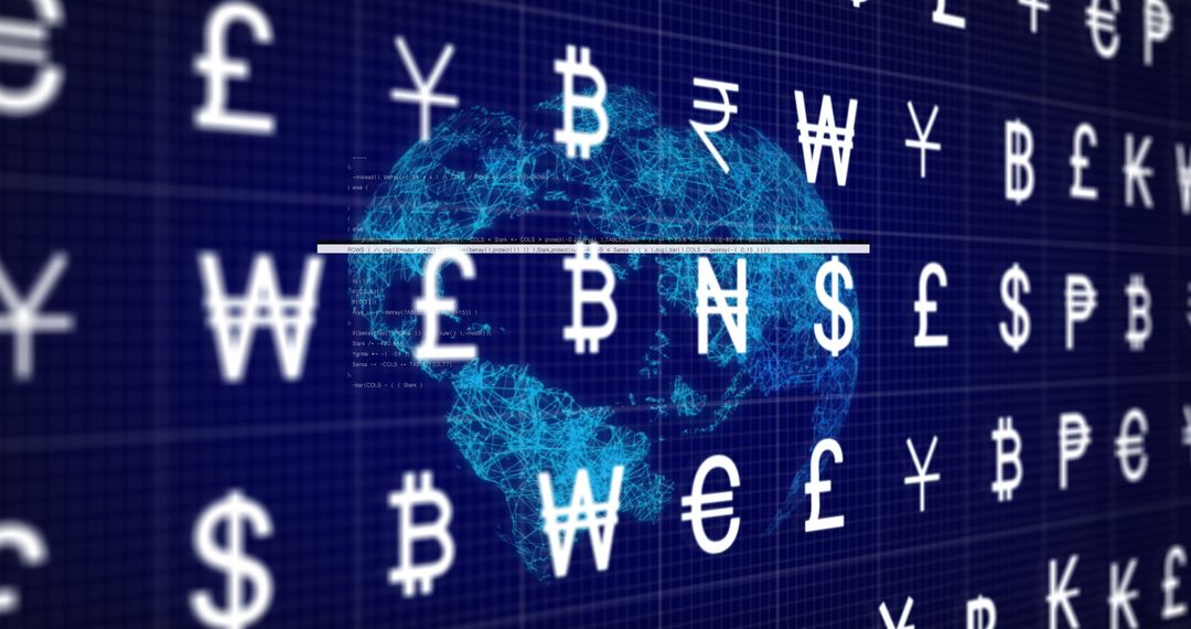 Global Currency Symbols Overlay on Digital Earth Background
