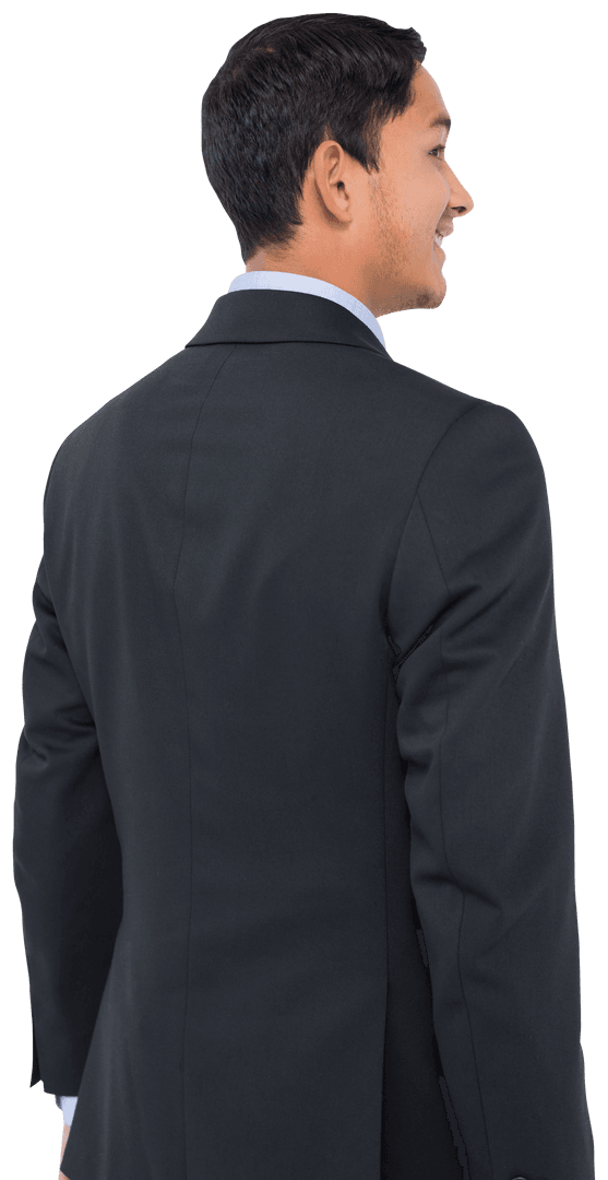 Transparent Back View of Happy Biracial Businessman in Suit