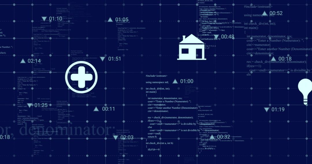 Futuristic Digital Data Overlay with Media Icons and Code