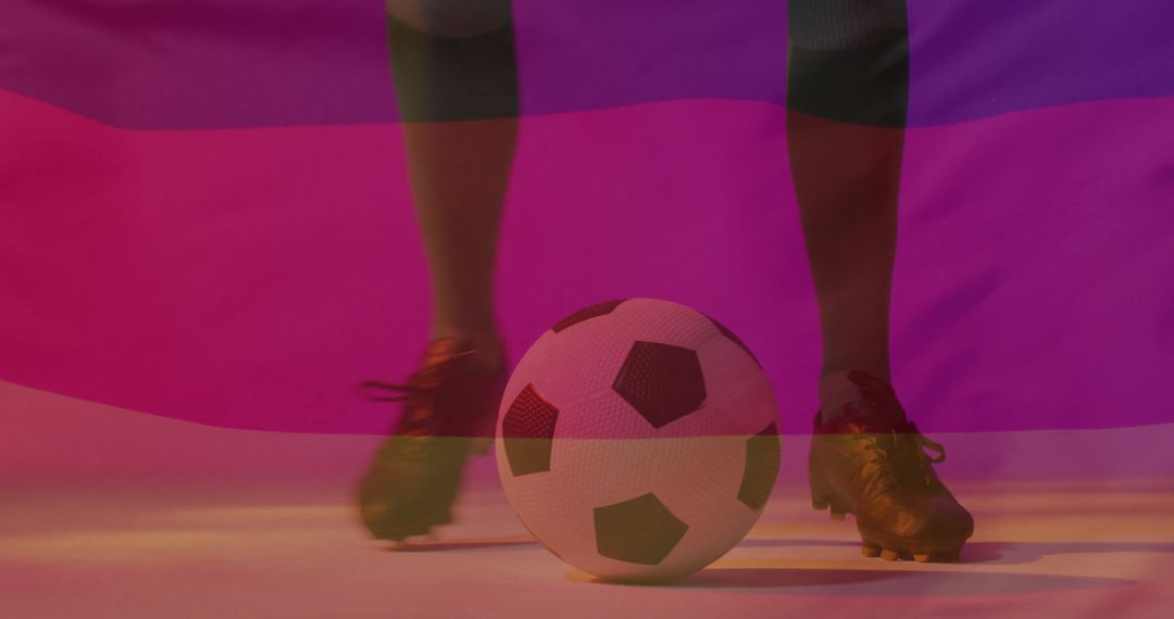 Caucasian Male Soccer Player with Ball and Flag Overlay