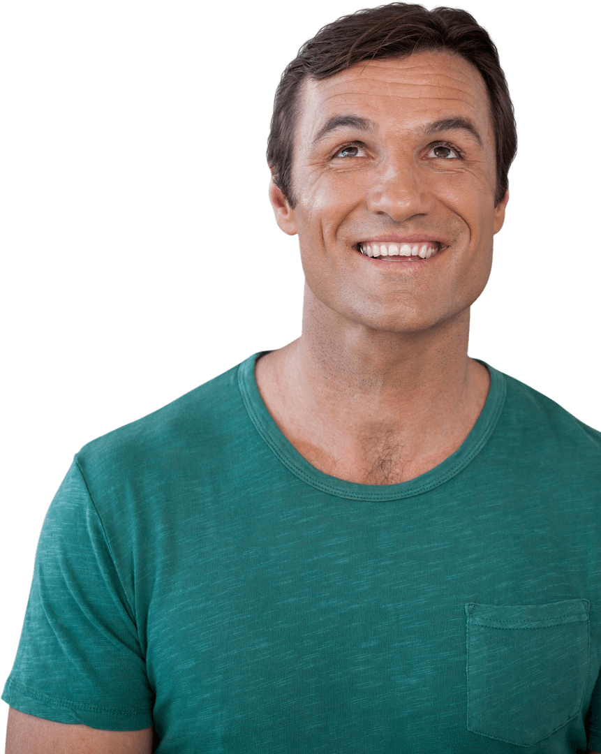 Smiling Thoughtful Man Looking Up Image with Transparent Background