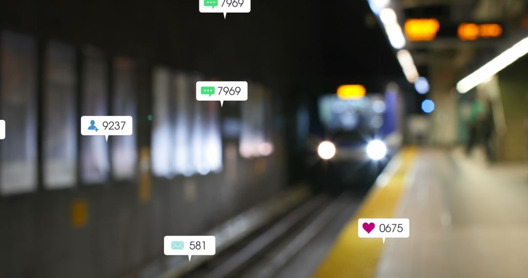 Blurred Subway Train with Social Media Activity Icons Overlay