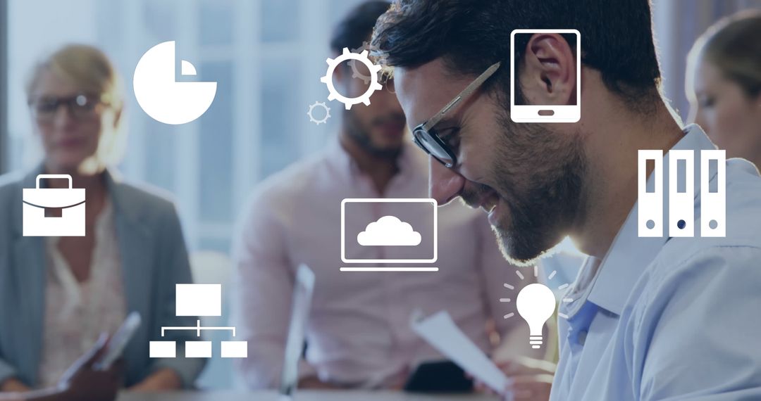 Digital Interface Icons Overlay Office Workspace