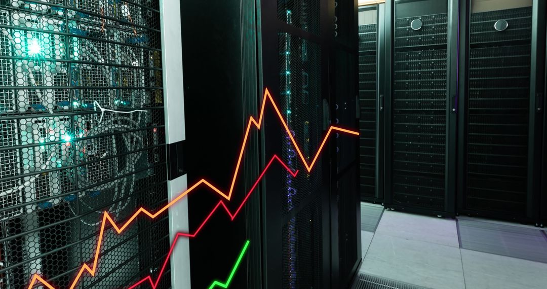 Data processing in server room with rising graphs
