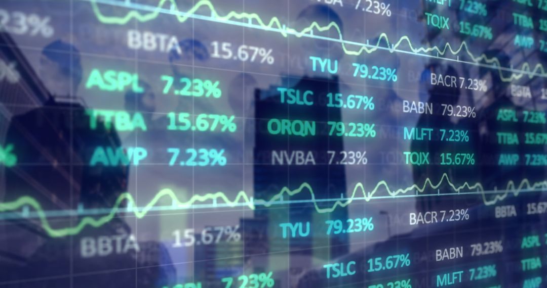 Stock Market Data Overlaid on Urban Business Skyline