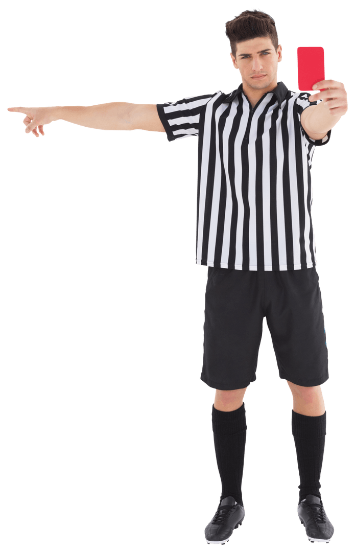 Transparent Referee Holding Red Card Pointing in Soccer Match