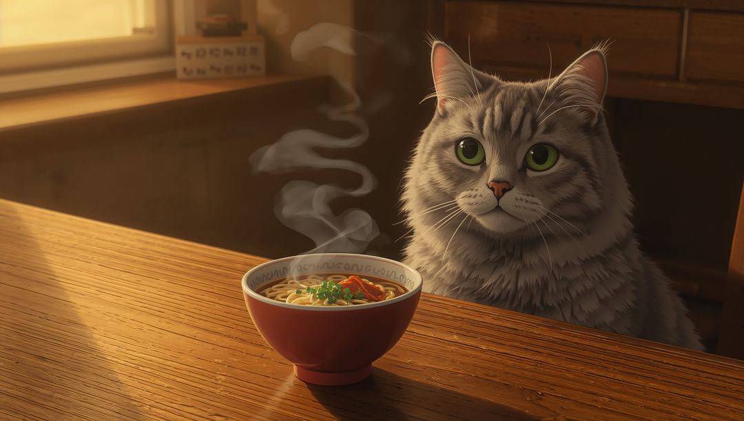 Curious Cat Observing Steaming Ramen in Sunlit Kitchen