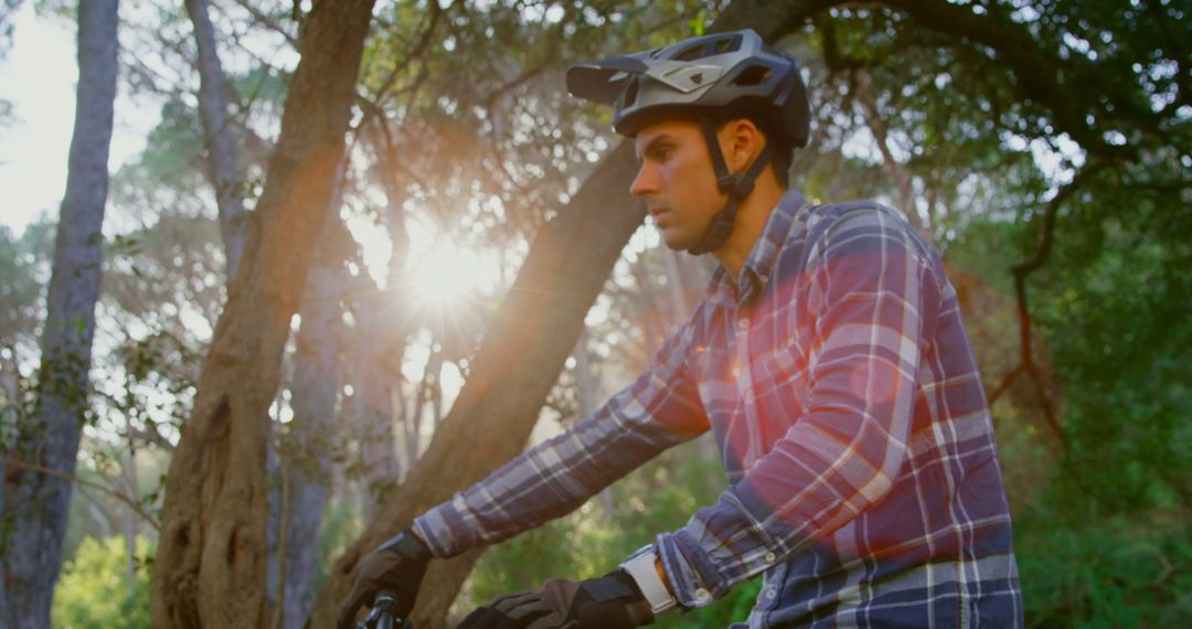 Mountain Biker Riding Through Forest at Sunrise - Free Images, Stock Photos and Pictures on Pikwizard.com