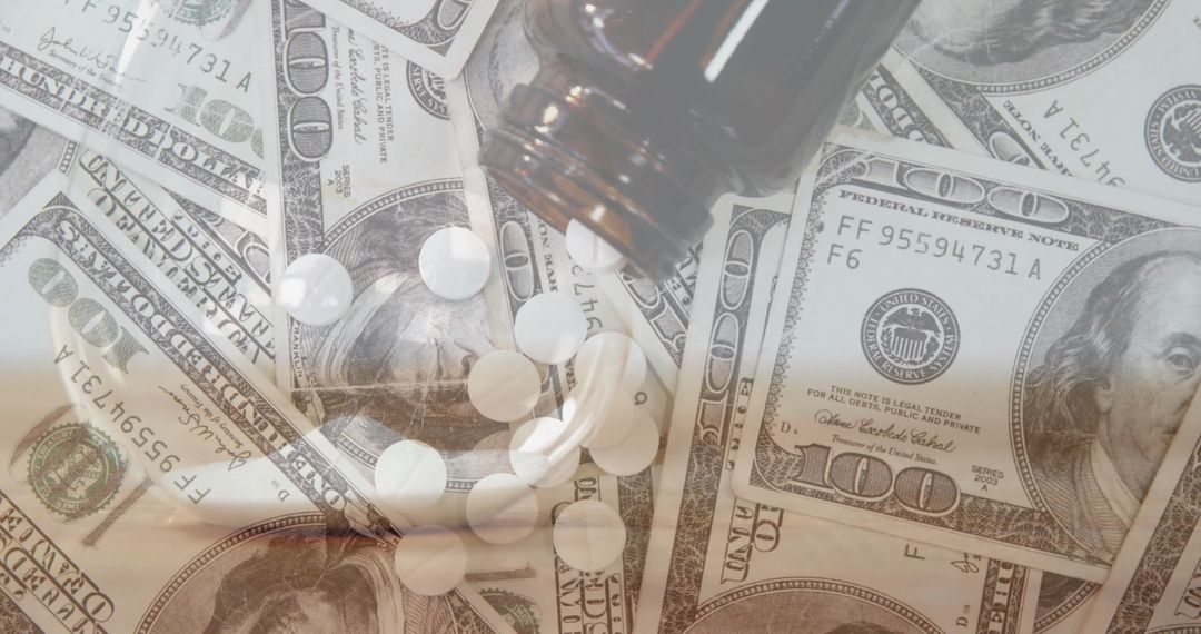 Pills Spilling on Hundred Dollar Bills: Health and Financial Themes