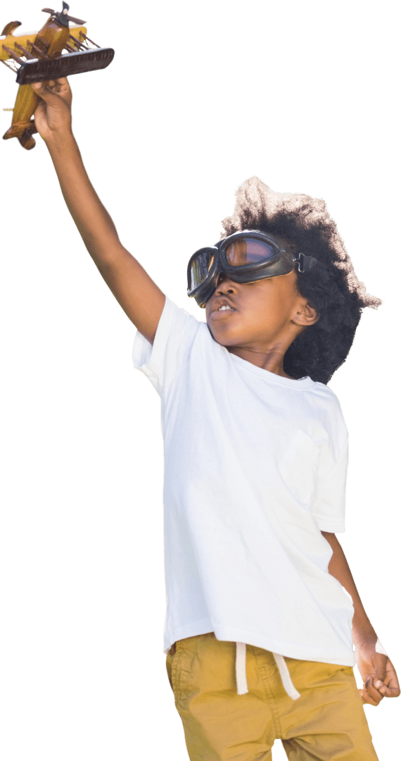 Joyful Child Imagining with Toy Plane on Transparent Background