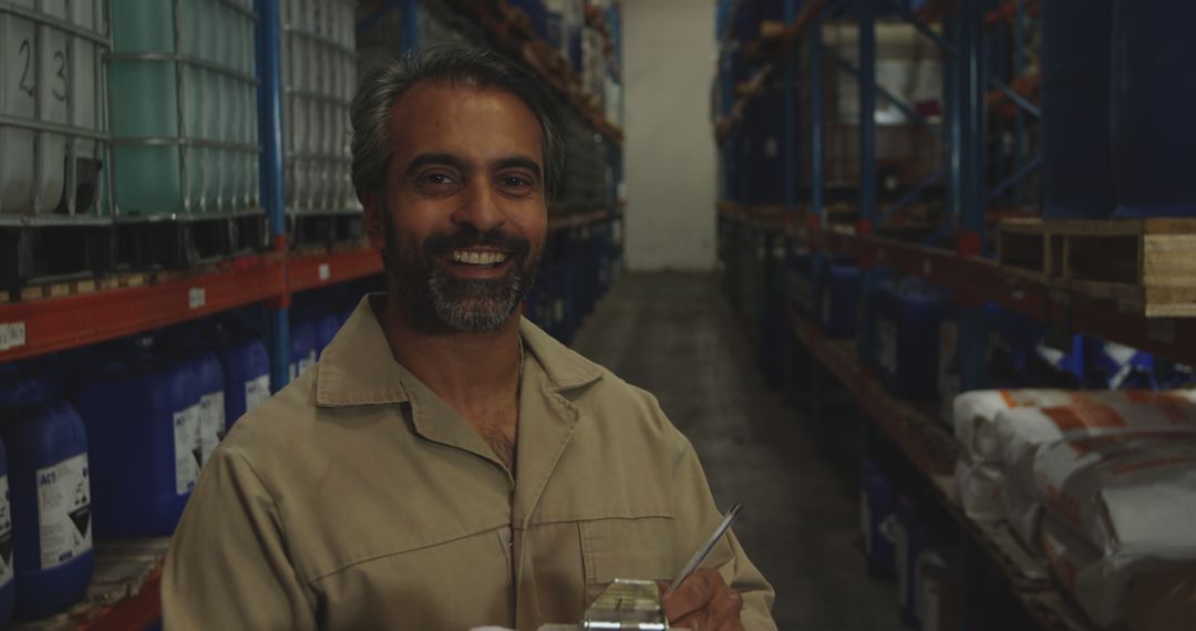 Warehouse Worker Smiling in Industrial Storage Facility - Free Images, Stock Photos and Pictures on Pikwizard.com