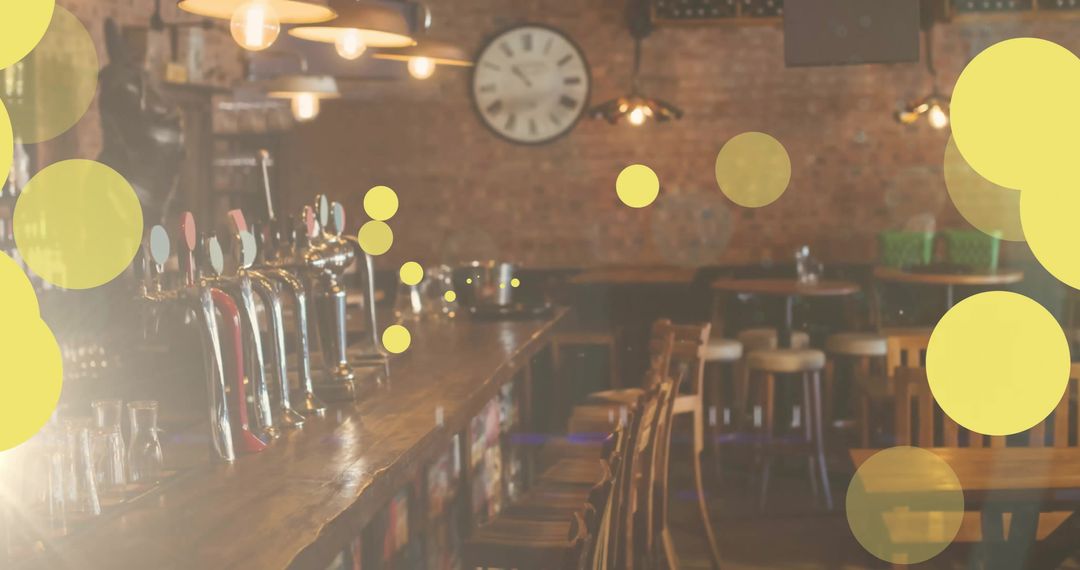 Empty Bar Interior with Floating Yellow Circles Digital Overlay