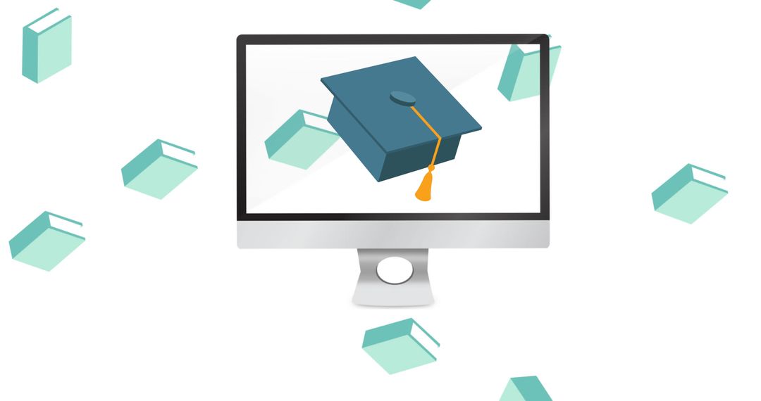 Digital Education Journey Symbol with Cap and Flying Books