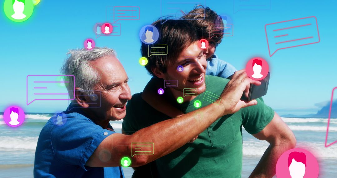 Multigenerational Family Taking Selfie on Beach with Digital Overlay
