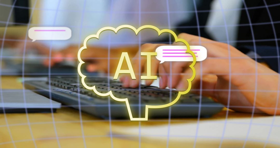 Individual Typing on Keyboard with AI Technology Symbols