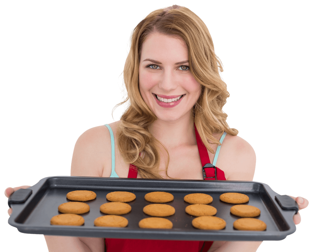 Smiling Woman Offering Fresh Baked Cookies on Transparent Background