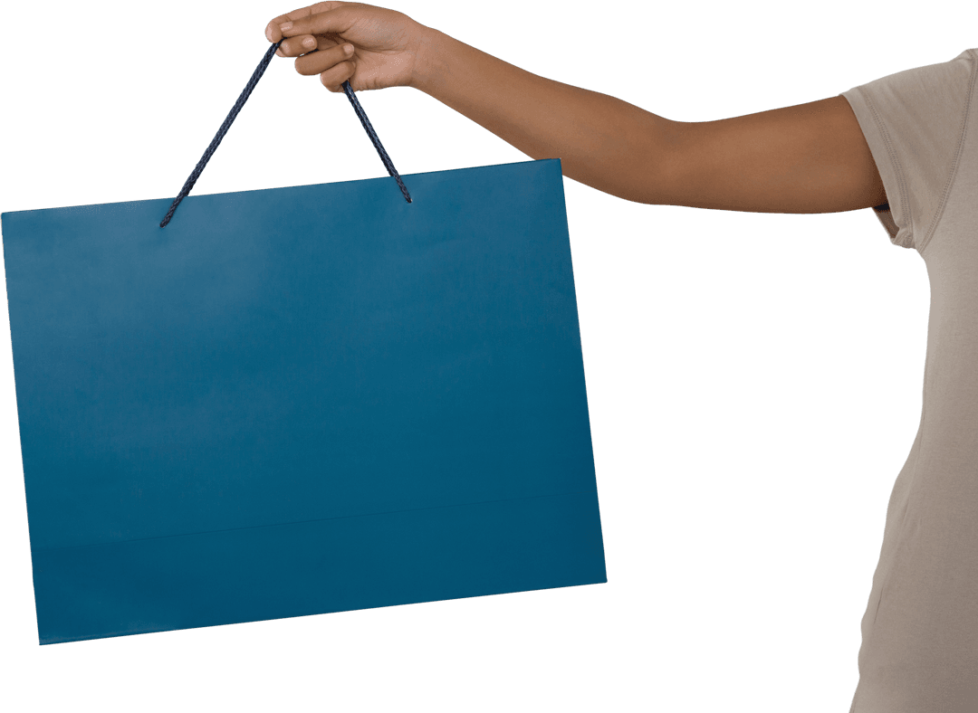 Hand Holding Blue Shopping Bag On Transparent Background