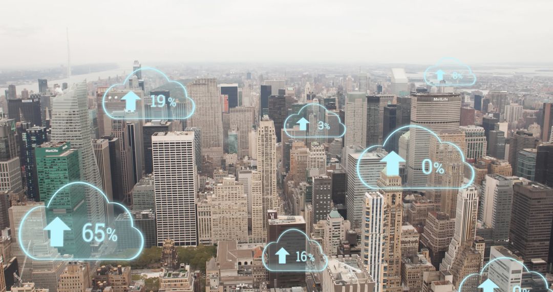 Digital Cloud Interface Overlay on Urban Cityscape