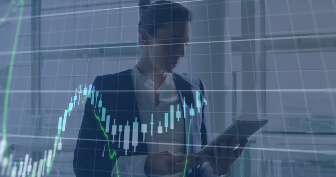 Businesswoman Assessing Financial Data with Analytics Overlays