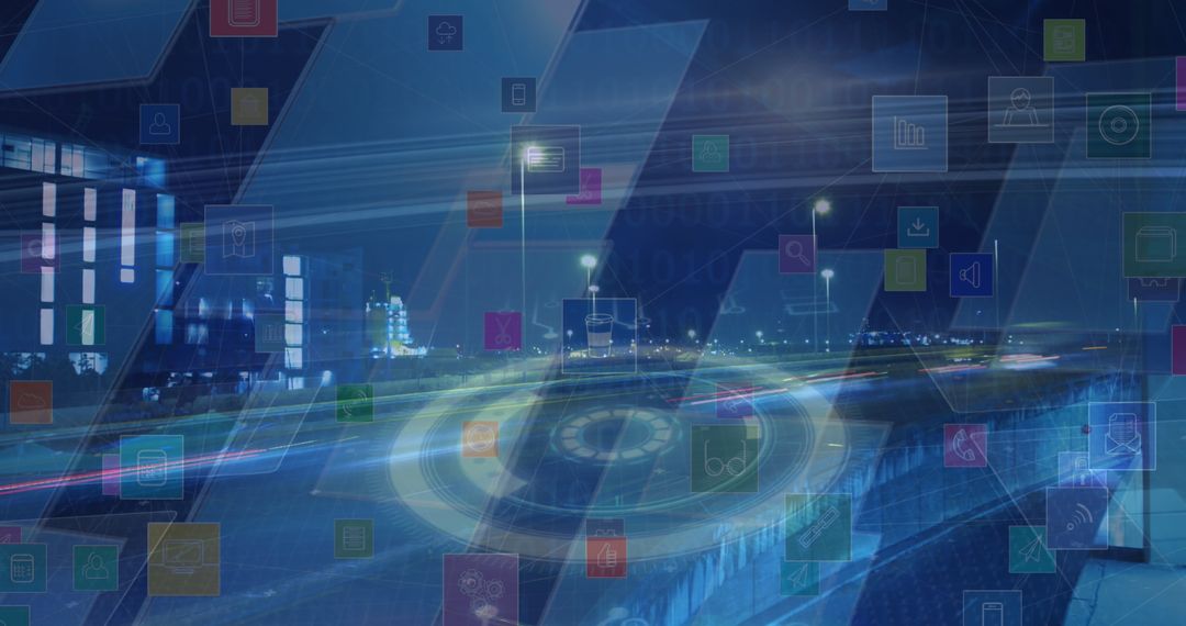 Futuristic Digital Interface Overlaying City Highway at Night