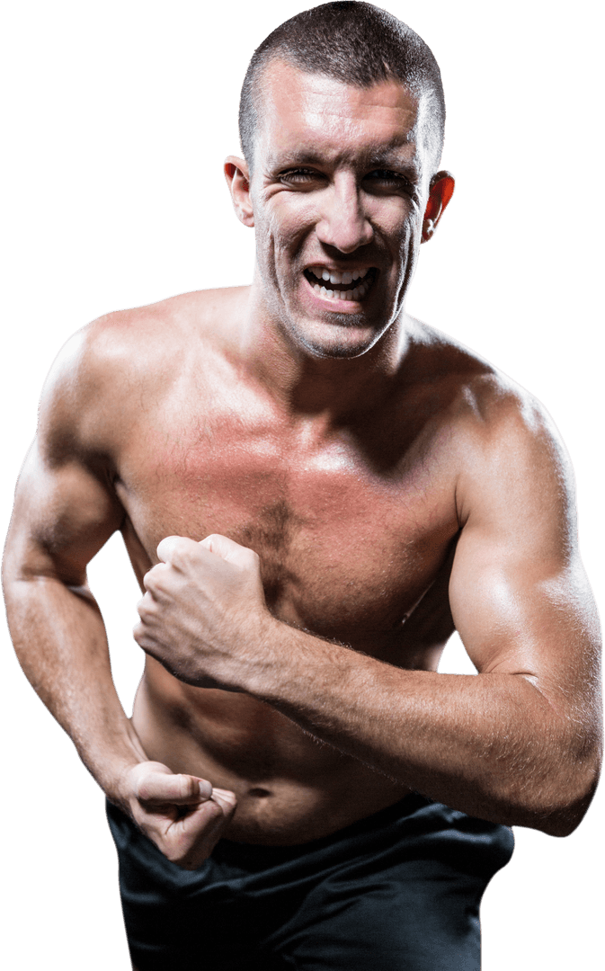 Muscular Shirtless Man Flexing Fits on Transparent Background