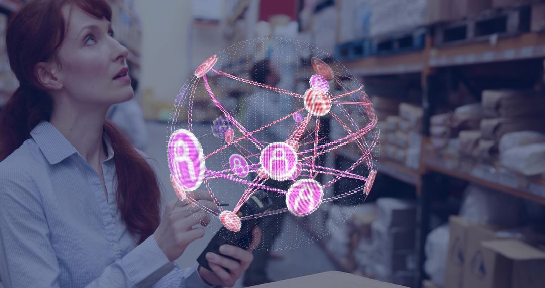 Warehouse manager using tablet with holographic network visualizing inventory and logistics